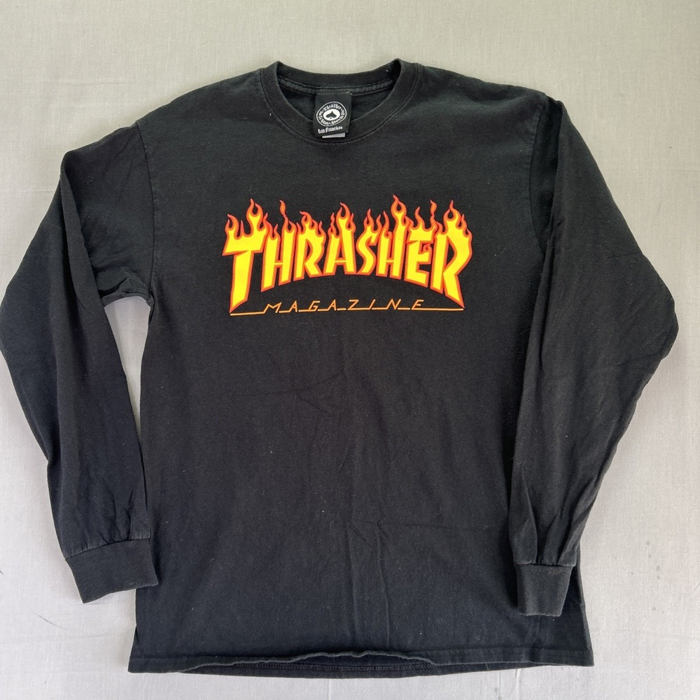 Thrasher Shirt Mens Medium Black Magazine Graphic Print Cotton Skate Flame y2K